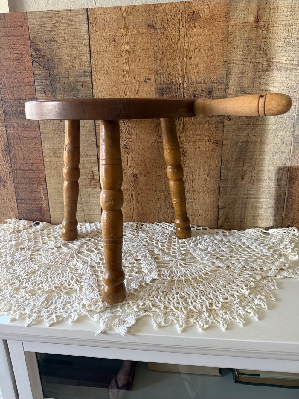 Vintage Japanese Wooden Milking Stool with Side Handle, 11 Inch Tall, MCM